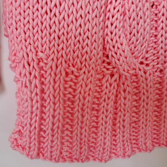 Women's Candy Pink Thick Chunky Cable Knit Pullover Sweater Handmade Hi Lo Hem - Picture 4 of 9